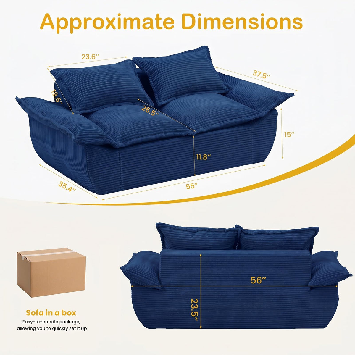 56" Boneless Loveseat, 2-Seater Black Boneless Sofa with Removable Cushions & 2 Pillows, Small Mini Couch Boneless Foam Sofa for Living Room, Apartments, & Office