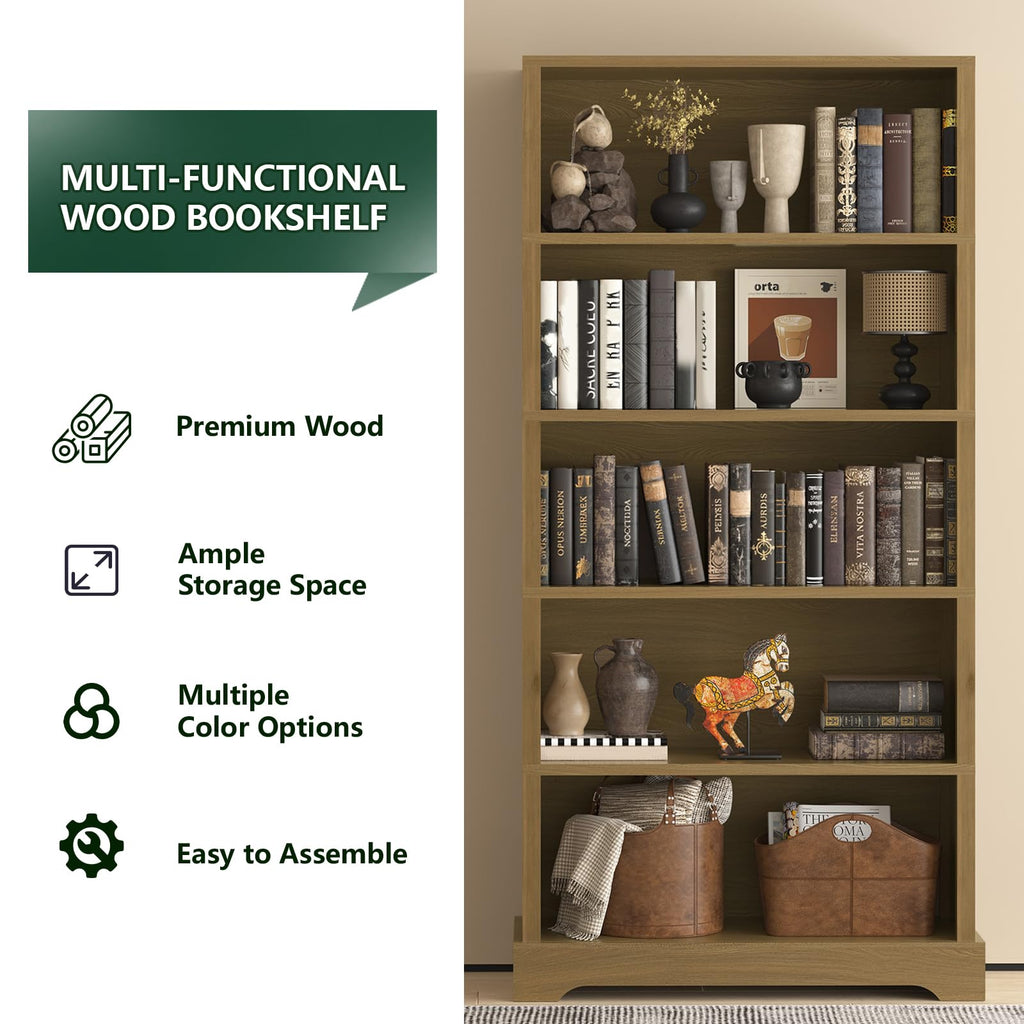 TVU 5 Tiers Wooden Bookshelf, 65.2" Tall Farmhouse Style Open Bookcase, 31.5" Wide Standing Book Shelf with Storage for Study Room, Living Room, Walnut Brown