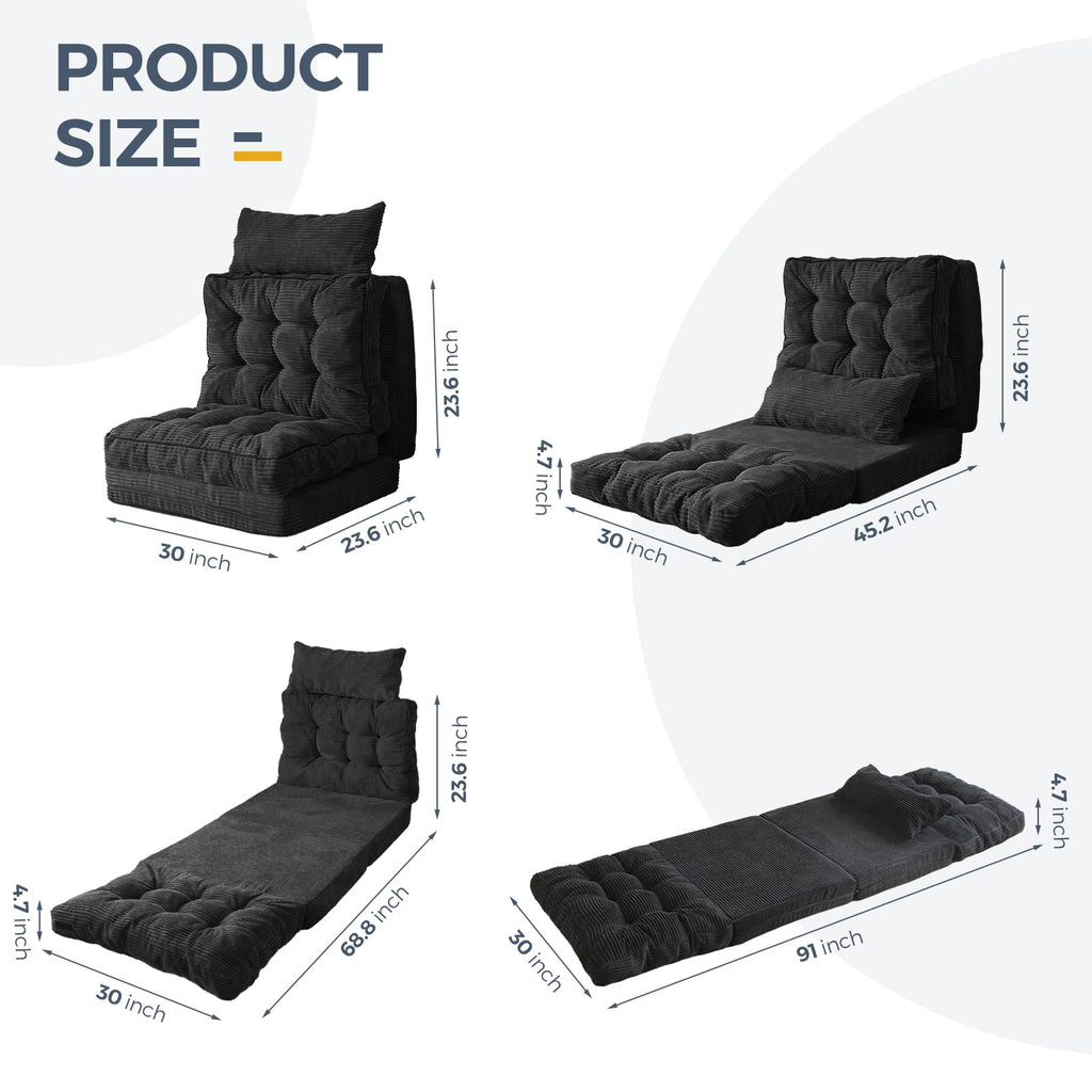 MAXYOYO Folding Sofa Bed, Extra Thick and Long Floor Sofa Convertible Chair with Washable Cover, Floor Couch Lounge Bean Bag Bed for Living Room, Dark Grey, 54x91 Inch