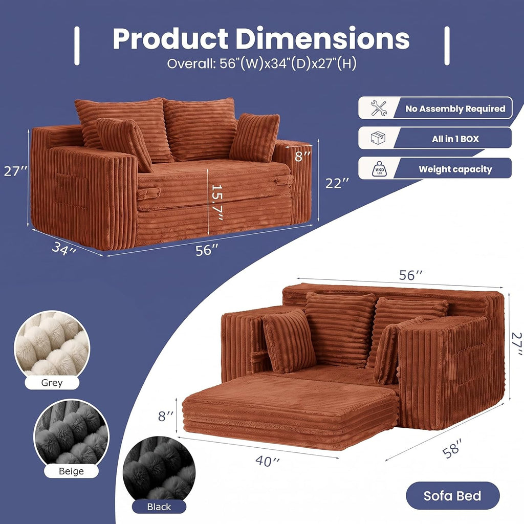 3-in-1 Convertible Sofa Bed: Boneless Loveseat Sleeper & Folding Couch Bed with 4 Pillows & Detachable Cushion, Furry Futon Couch for Bedroom, Apartment, Office and Living Room, No Assembly, Orange