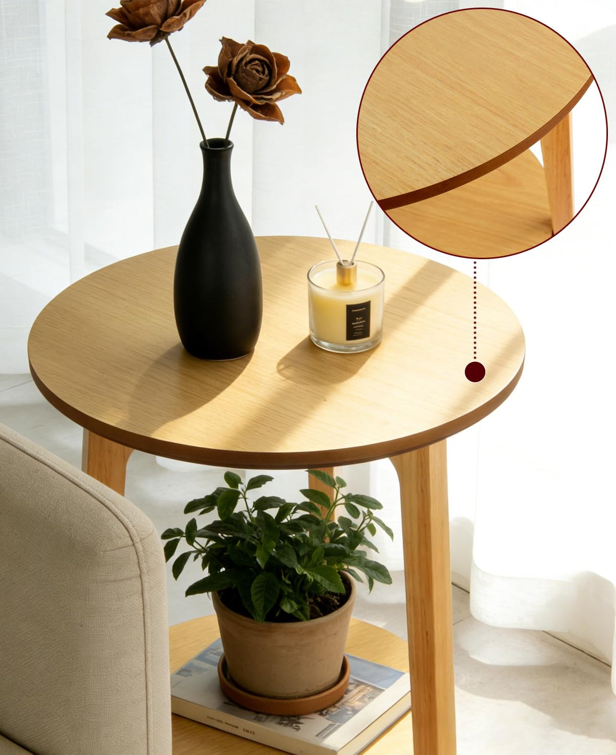 2-Tier Round Coffee Table, 28ââ Wood Nesting Side Table with Storage Shelf, Natural Walnut Wood Tables for Living Room, Space Saving Accent Table