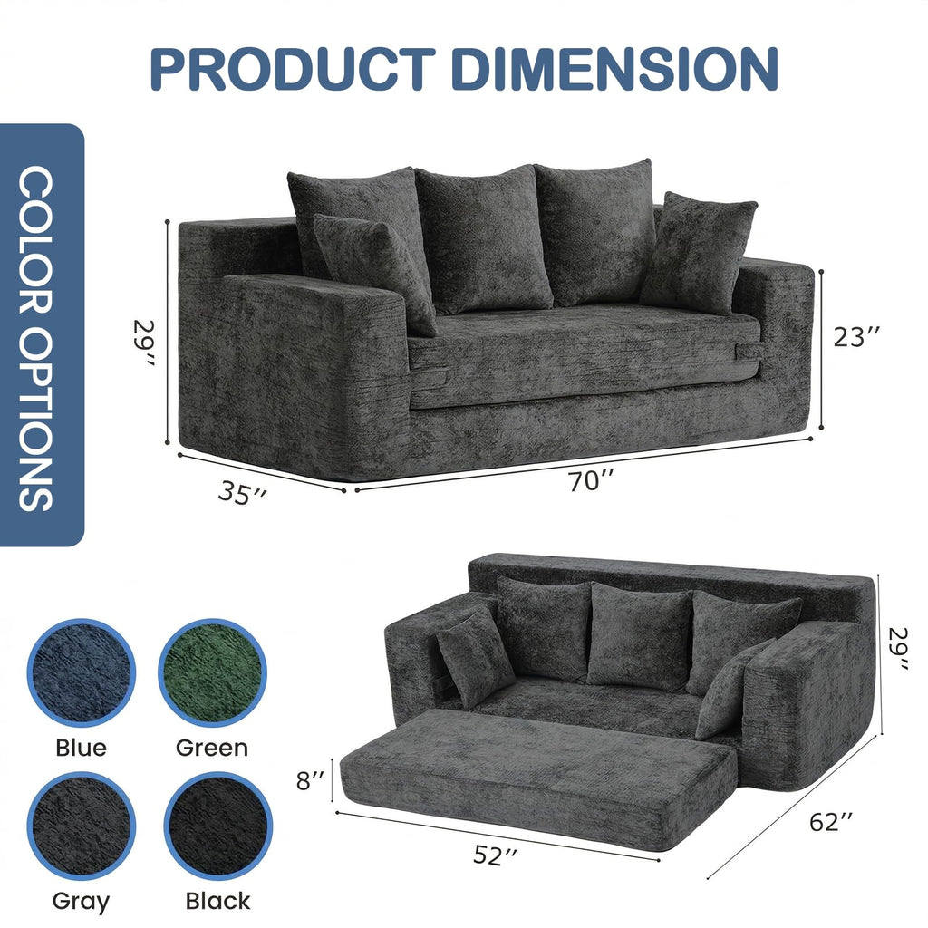 55" Small Boneless Couch, 3-in-1 Boneless Loveseat Sleeper Sofa Bed Convertible Sofa Bed with 4 Pillows, Black Corduroy Boneless Couch for Living Room, Guest Room, Small Space, No Assembly Required