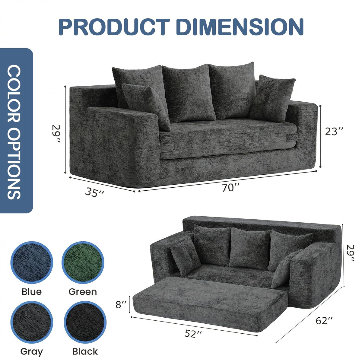 55" Small Boneless Couch, 3-in-1 Boneless Loveseat Sleeper Sofa Bed Convertible Sofa Bed with 4 Pillows, Black Corduroy Boneless Couch for Living Room, Guest Room, Small Space, No Assembly Required
