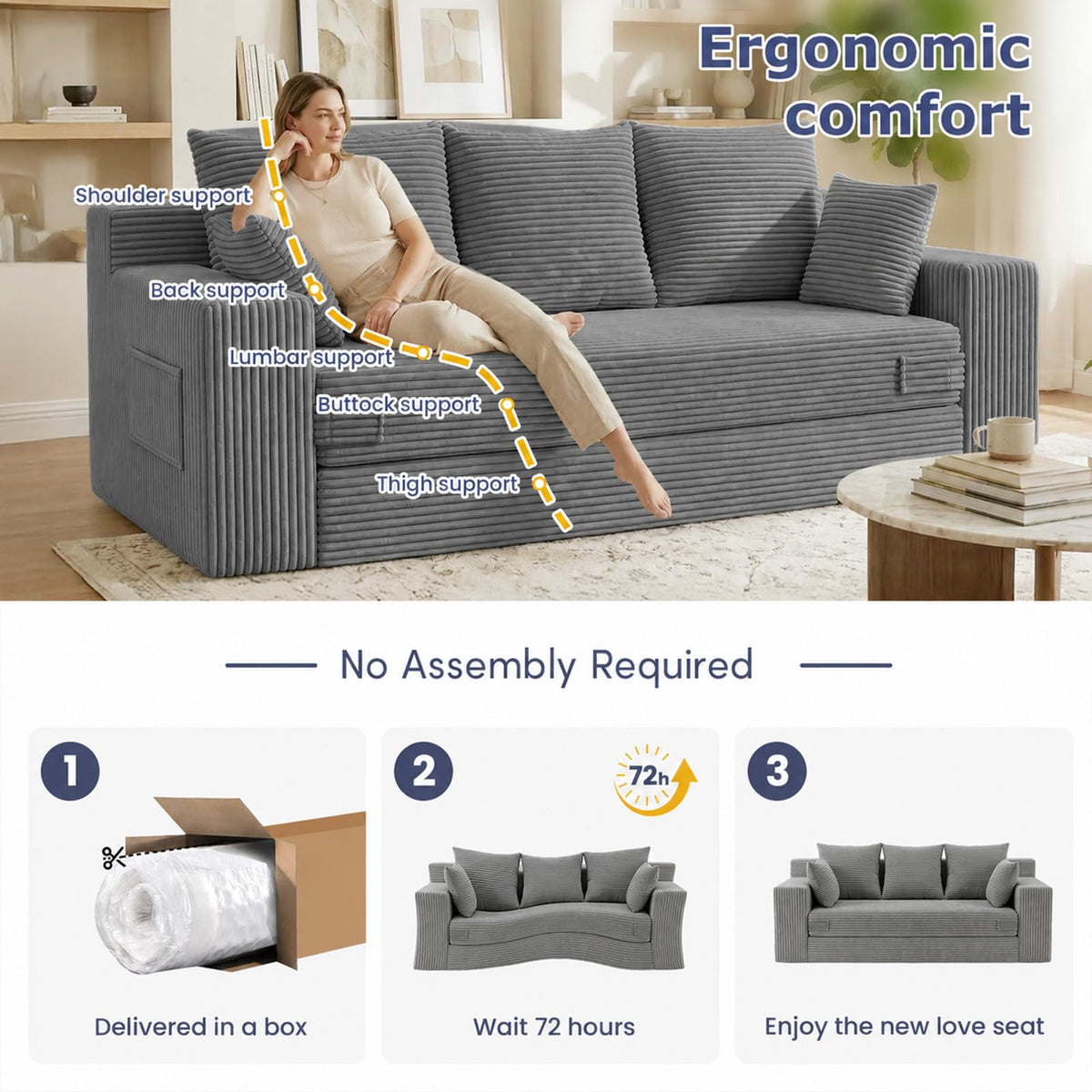 cidludto Convertible Sofa Bed, 3 in 1 Loveseat Folding Couch Bed Foldable - Chaise Lounge Chair & Floor Futon Sofa, Corduroy Pull Out Sofa Bed with 4 Pillows for Living Room, Beige