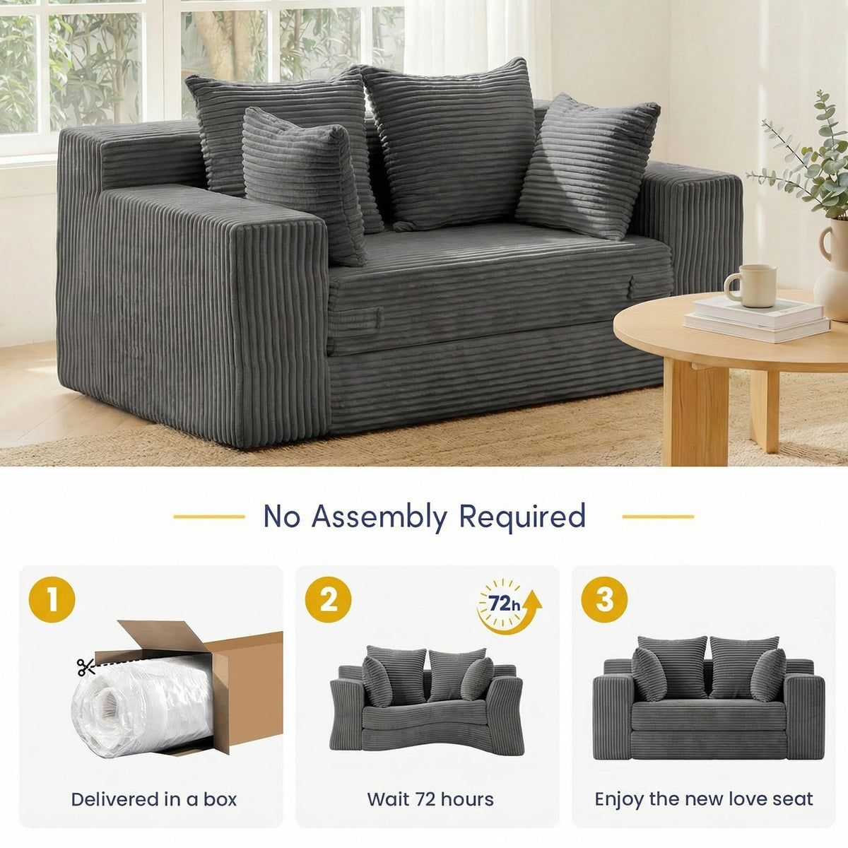 cidludto Convertible Sofa Bed, 3 in 1 Loveseat Folding Couch Bed Foldable - Chaise Lounge Chair & Floor Futon Sofa, Corduroy Pull Out Sofa Bed with 4 Pillows for Living Room, Beige