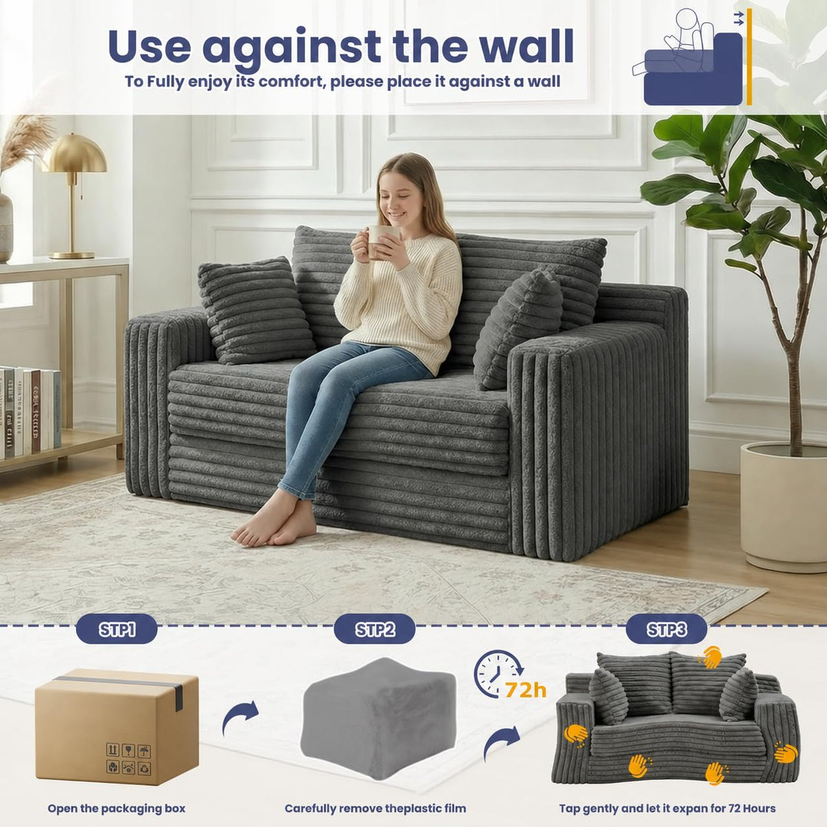 3-in-1 Convertible Sofa Bed: Boneless Loveseat Sleeper & Folding Couch Bed with 4 Pillows & Detachable Cushion, Furry Futon Couch for Bedroom, Apartment, Office and Living Room, No Assembly, Orange