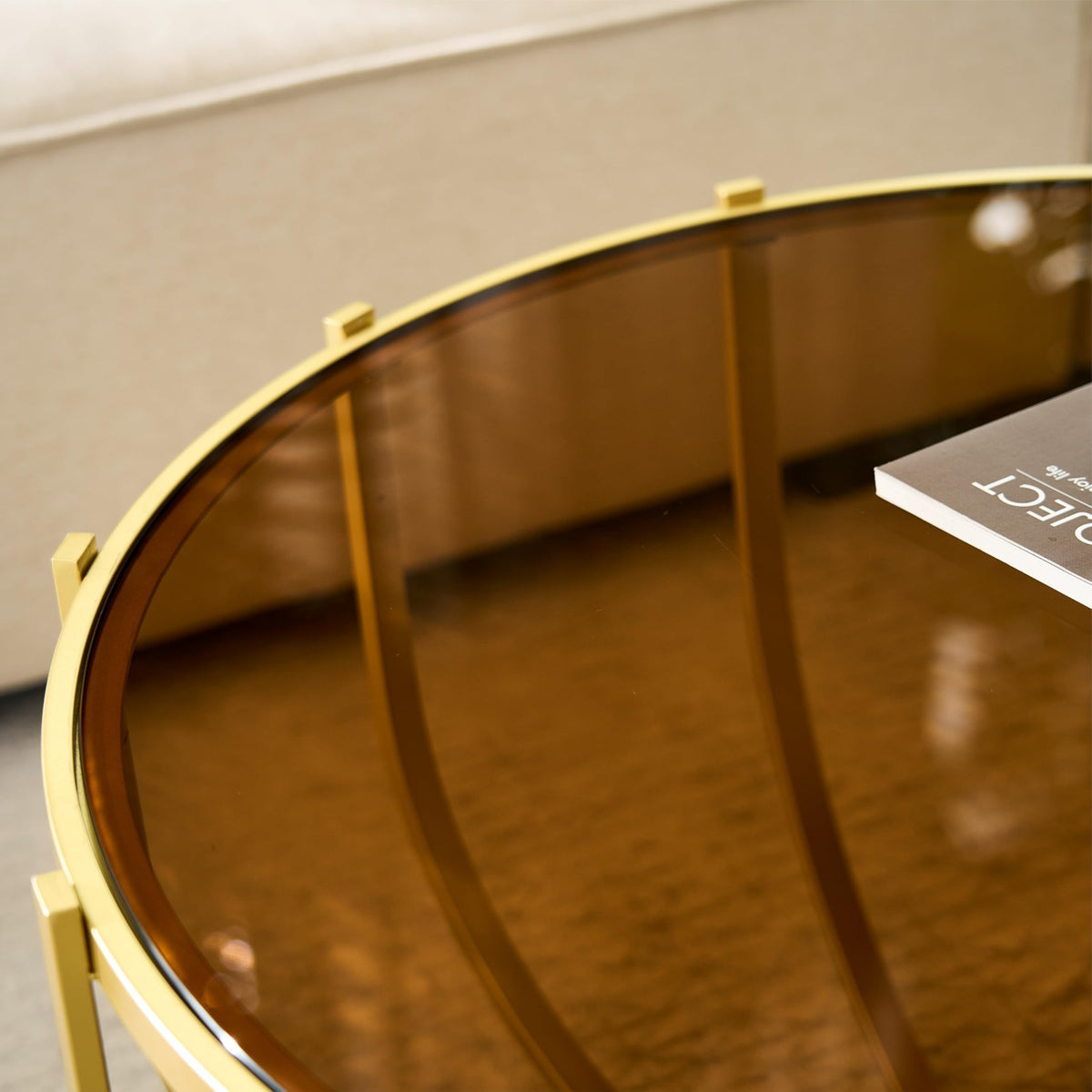 Saint Mossi Gold Round Coffee Table with Clear Glass Top and Glass Shelf