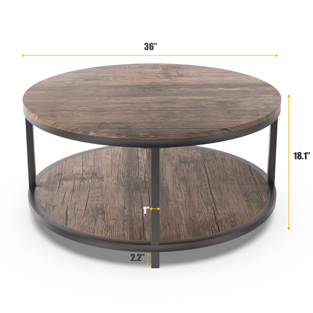 NSdirect Round Coffee Table,36" Coffee Table for Living Room,2-Tier Rustic Wood Desktop with Storage Shelf Modern Design Home Furniture(Light Walnut)