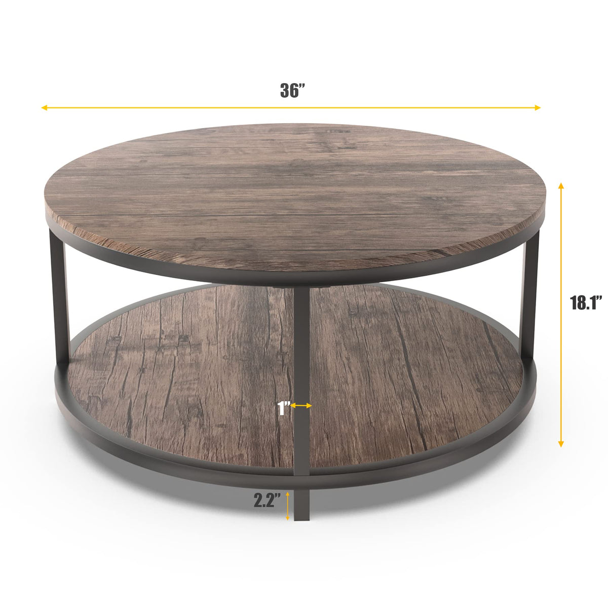NSdirect Round Coffee Table,36" Coffee Table for Living Room,2-Tier Rustic Wood Desktop with Storage Shelf Modern Design Home Furniture(Light Walnut)