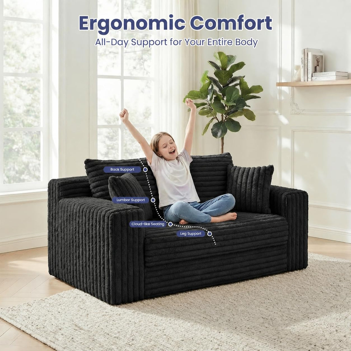 3-in-1 Convertible Sofa Bed: Boneless Loveseat Sleeper & Folding Couch Bed with 4 Pillows & Detachable Cushion, Furry Futon Couch for Bedroom, Apartment, Office and Living Room, No Assembly, Orange
