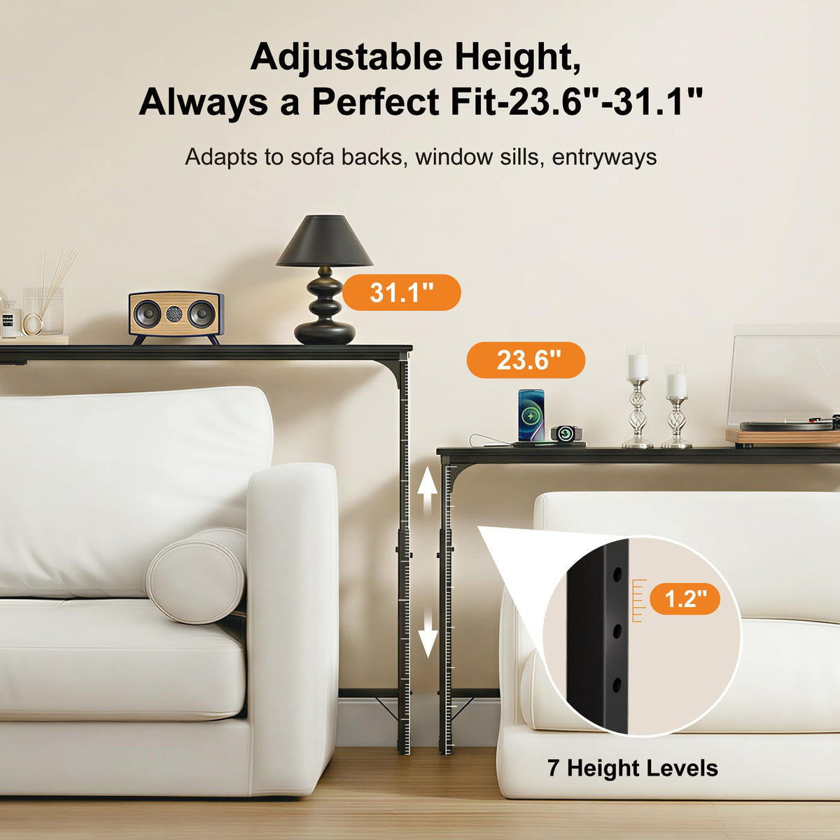 106"-157" Adjustable Length Behind Couch Sofa Table with 3 Power Outlets