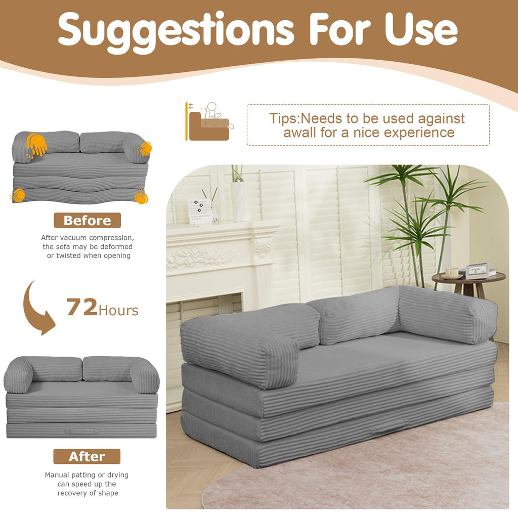 Convertible Sofa Bed Queen,5-in-1 Boneless Couch with Removable Armrests & Handle,Corduroy Futon Sleeper Sofa,Floor Folding Mattress Pull Out Bed for Small Space Apartment Living Room Bedroom,Green