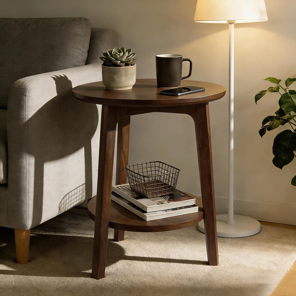 2-Tier Round Coffee Table Wood Nesting Side Table (Walnut, 28x28x18)