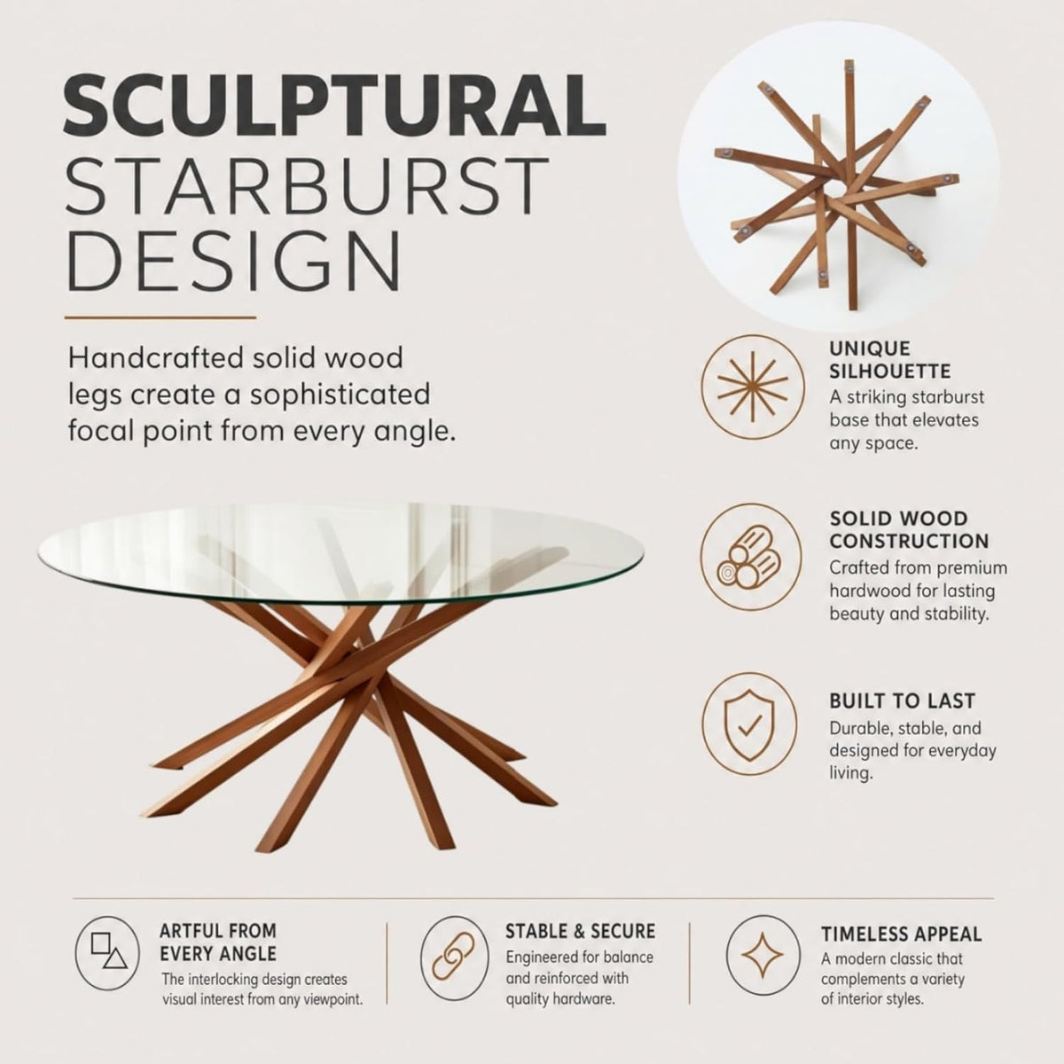 Round Glass Coffee Table-Mid Century Modern Solid Wood Coffee Table