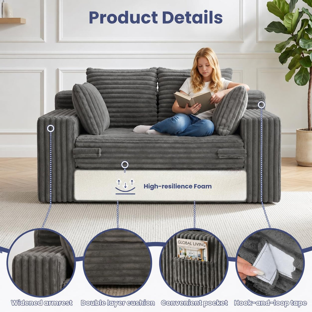 3-in-1 Convertible Sofa Bed: Boneless Loveseat Sleeper & Folding Couch Bed with 4 Pillows & Detachable Cushion, Furry Futon Couch for Bedroom, Apartment, Office and Living Room, No Assembly, Orange