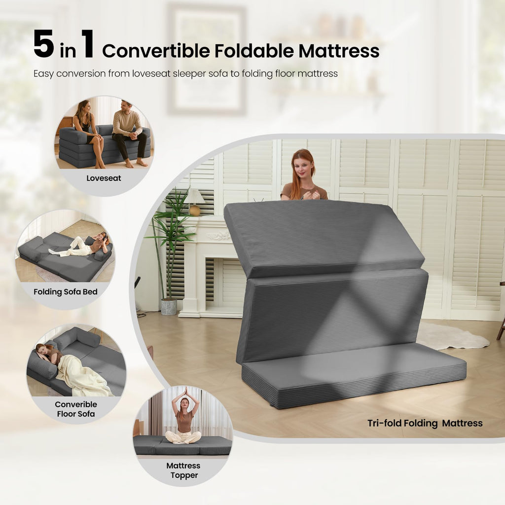 Tri-Fold Foldable Mattress, Convertible Folding Sofa Bed with Removable Arms & Washable Cover, All-in-One Portable Mattress Floor Sofa Bed, No Assembly Required & Non-Slip, Queen Size, Grey