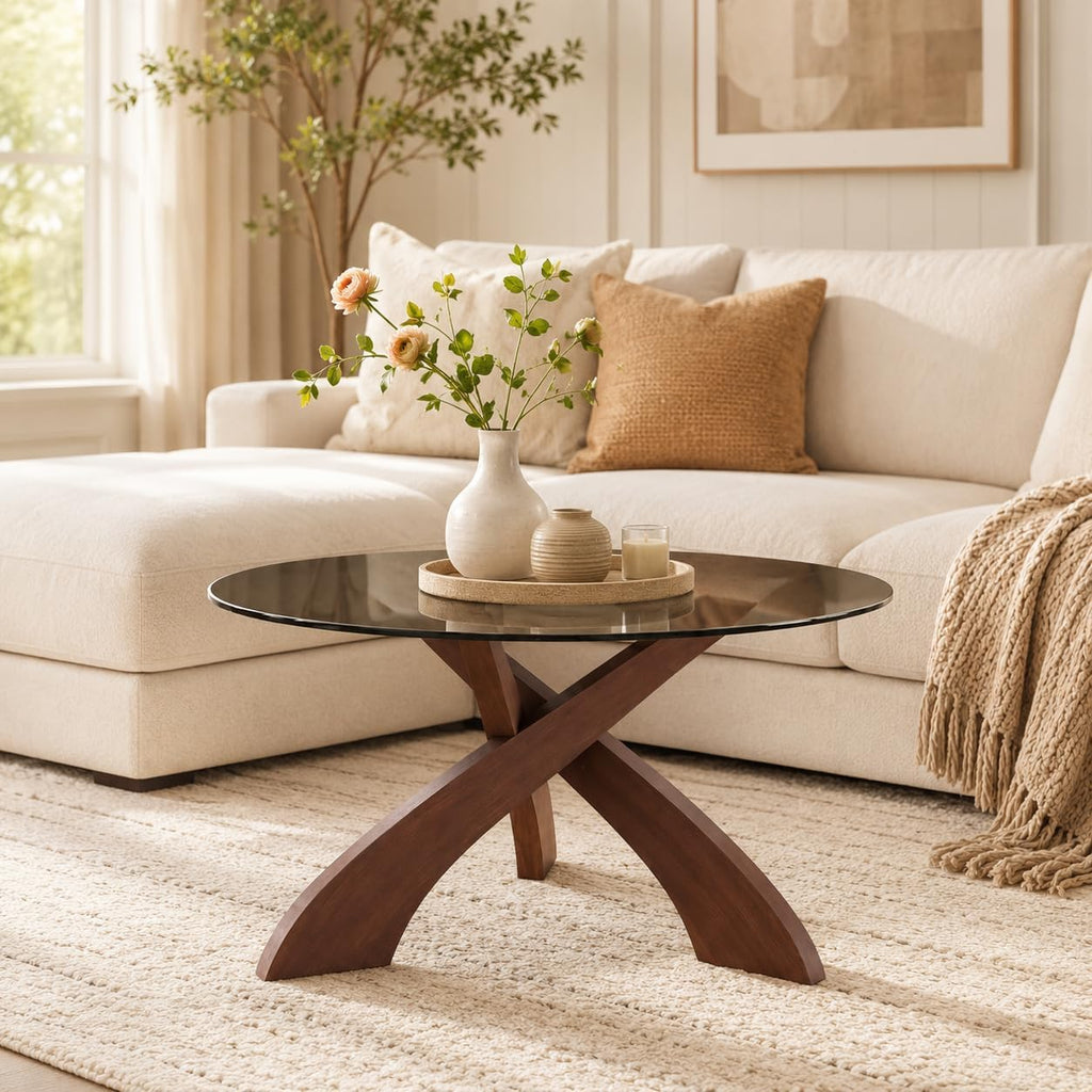 Honyee Glass Coffee Table, 30.7â Round Coffee Table with Tempered Glass Top, Walnut Wood X-Shaped Base, Stable Modern Center Table for Living Room, Apartment and Small Spaces