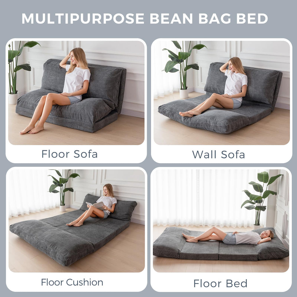MAXYOYO Folding Sofa Bed, Extra Thick and Long Floor Sofa Convertible Chair with Washable Cover, Floor Couch Lounge Bean Bag Bed for Living Room, Dark Grey, 54x91 Inch