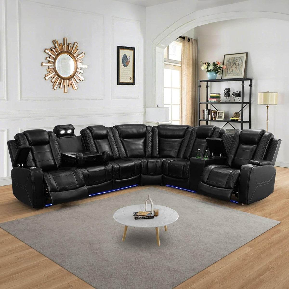 3-Piece Sofa Set Black Breathable Leather Living Room ï»¿ LED Lighting USB Charging Cup-Holder ï»¿ ï»¿