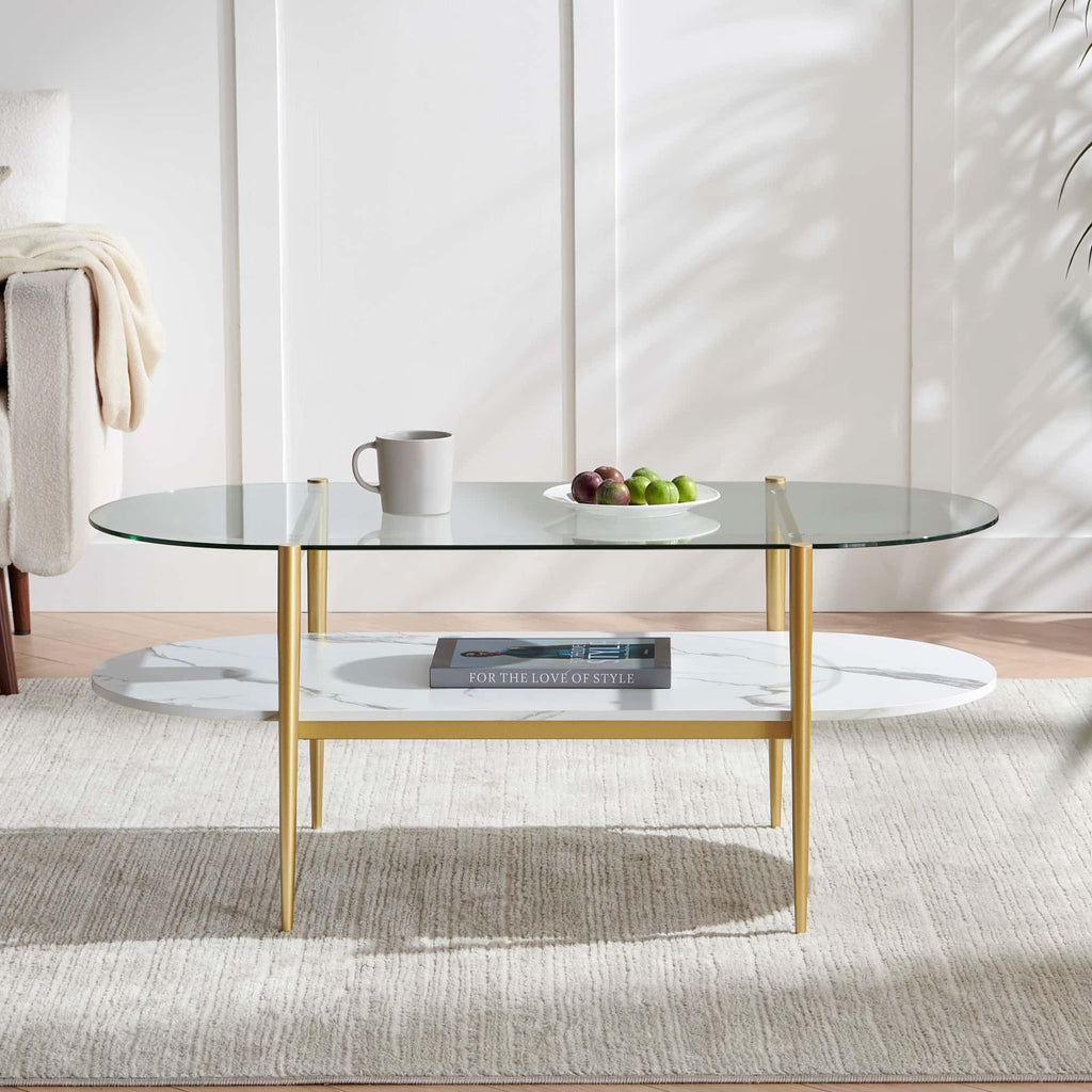 LumFurn Round Coffee Table for Living Room, Mid-Century Modern Design, D30 x H17, 2-Tier Structure, Grey Glass Top and Black Marble Finish Wood Shelf, Sleek Conical Metal Legs with Gold Finish Frame