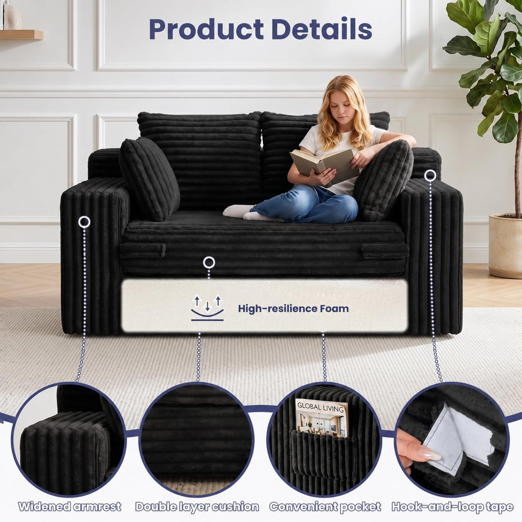 3-in-1 Convertible Sofa Bed: Boneless Loveseat Sleeper & Folding Couch Bed with 4 Pillows & Detachable Cushion, Furry Futon Couch for Bedroom, Apartment, Office and Living Room, No Assembly, Orange