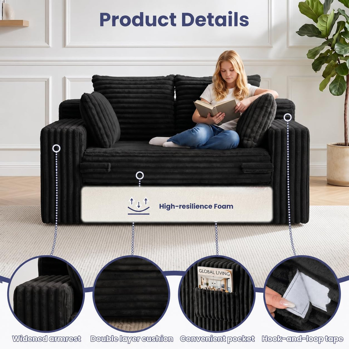 3-in-1 Convertible Sofa Bed: Boneless Loveseat Sleeper & Folding Couch Bed with 4 Pillows & Detachable Cushion, Furry Futon Couch for Bedroom, Apartment, Office and Living Room, No Assembly, Orange