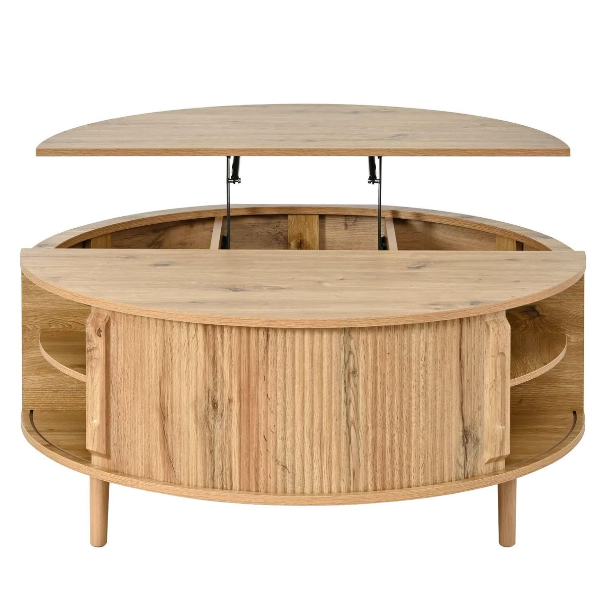 Round Lift Top Coffee Table, 39.4 Inch Minimalist Fluted Walnut Wood Cocktail Table with Hidden Divided Storage & Dual-Tier Open Side Shelves, Dark Walnut Finish Circular Living Room Center Table