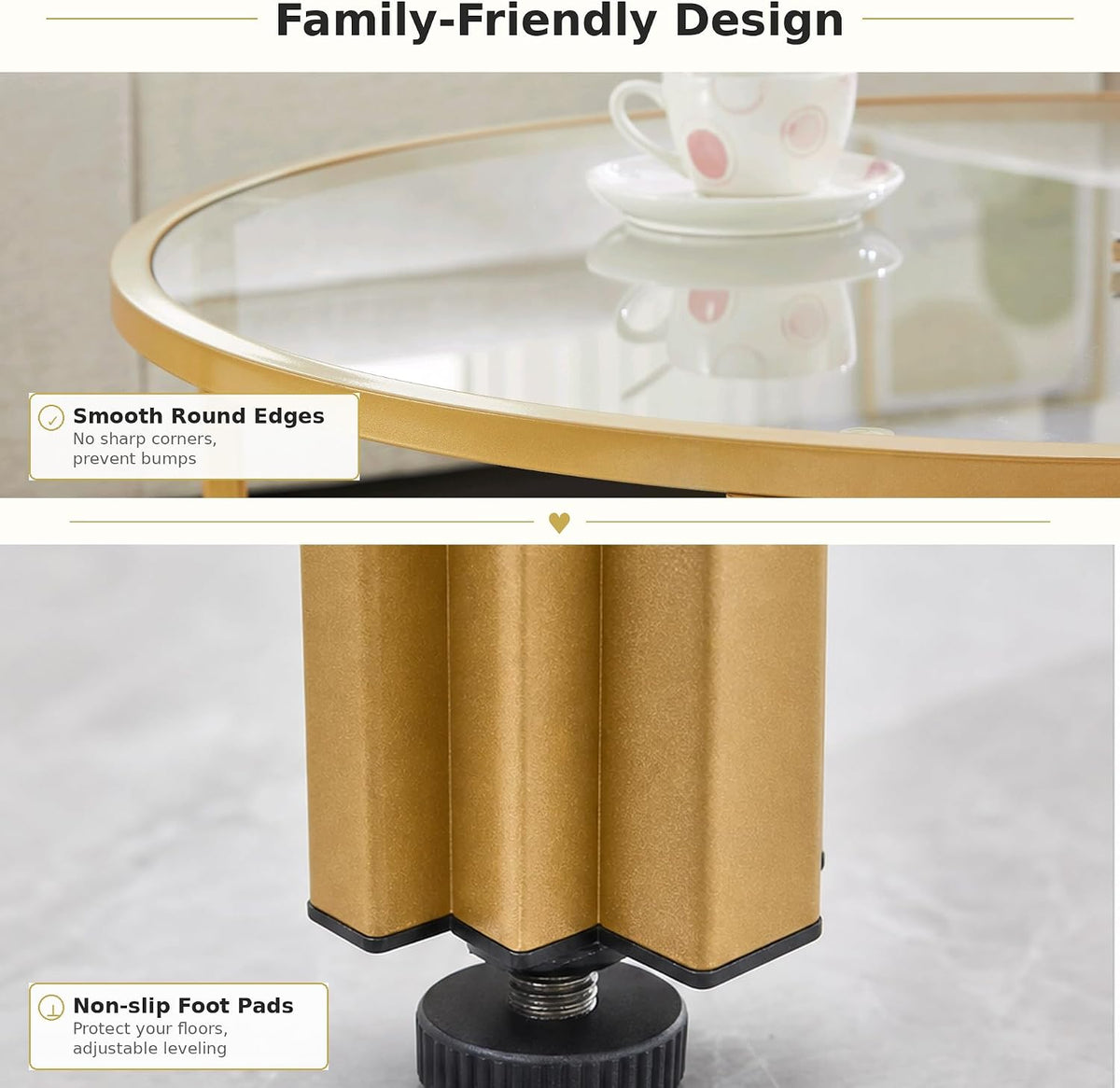 36" Round Glass Coffee Table,Gold Circle Coffee Table with Storage