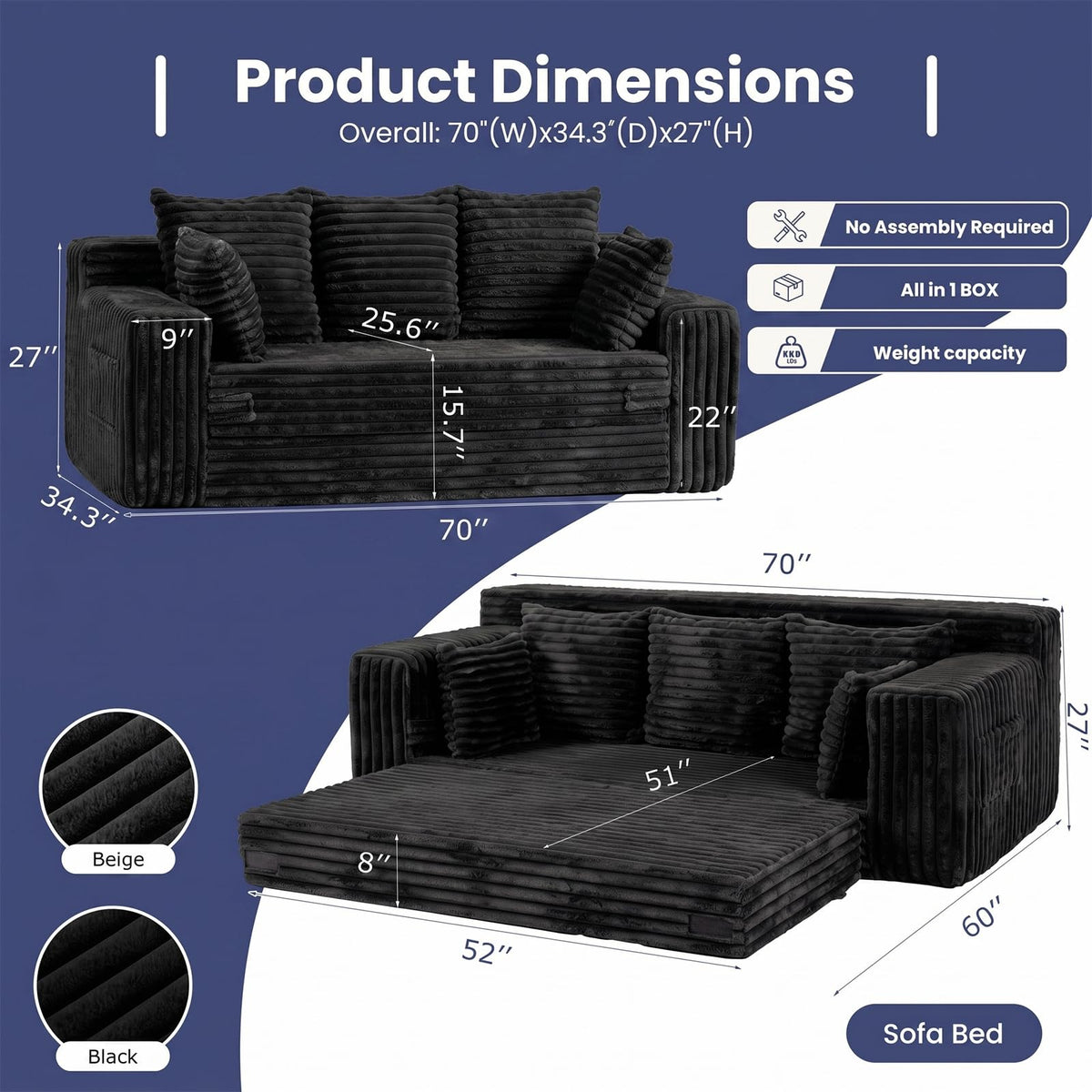 3-in-1 Convertible Sofa Bed: Boneless Loveseat Sleeper & Folding Couch Bed with 4 Pillows & Detachable Cushion, Furry Futon Couch for Bedroom, Apartment, Office and Living Room, No Assembly, Orange