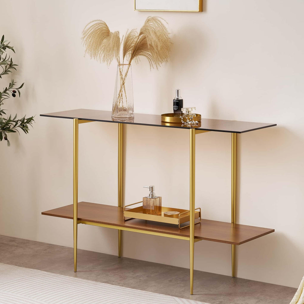 LumFurn Round Coffee Table for Living Room, Mid-Century Modern Design, D30 x H17, 2-Tier Structure, Grey Glass Top and Black Marble Finish Wood Shelf, Sleek Conical Metal Legs with Gold Finish Frame