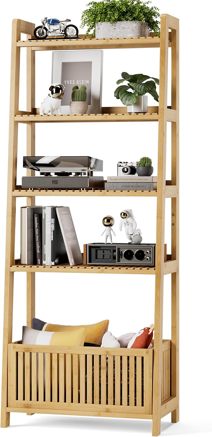 Bamjoy Bamboo Ladder Shelf, Bookshelf with 4 Display Shelves and 1 Open Storage Basket, Multifunctional Storage Rack Organizer for Home Office, Bedroom, Living Room, 66â H Natural