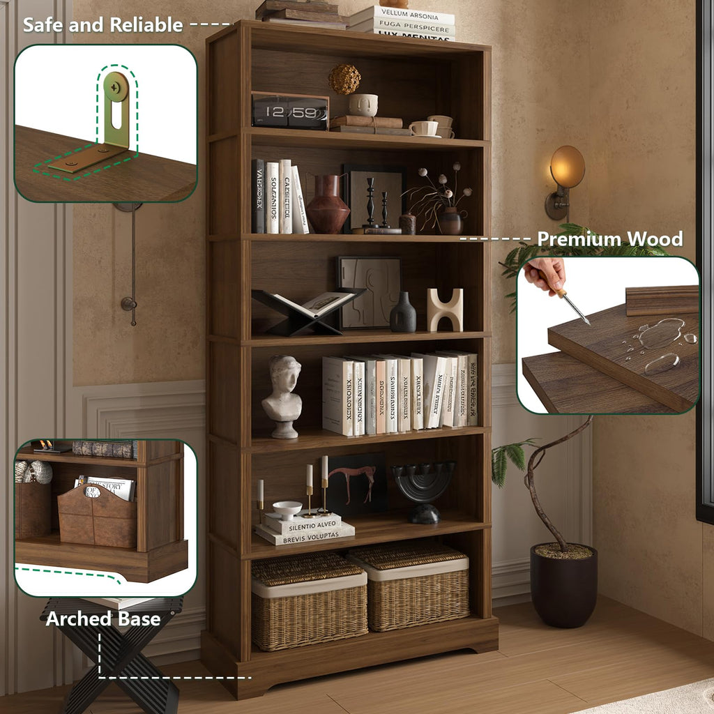 TVU 5 Tiers Wooden Bookshelf, 65.2" Tall Farmhouse Style Open Bookcase, 31.5" Wide Standing Book Shelf with Storage for Study Room, Living Room, Walnut Brown