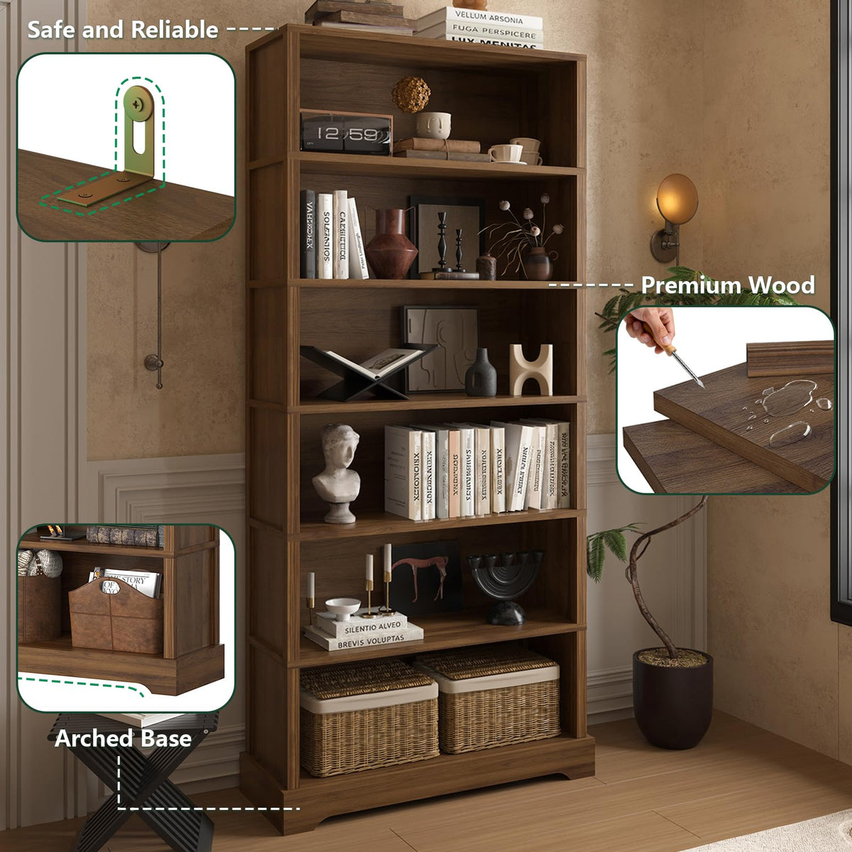 TVU 5 Tiers Wooden Bookshelf, 65.2" Tall Farmhouse Style Open Bookcase, 31.5" Wide Standing Book Shelf with Storage for Study Room, Living Room, Walnut Brown