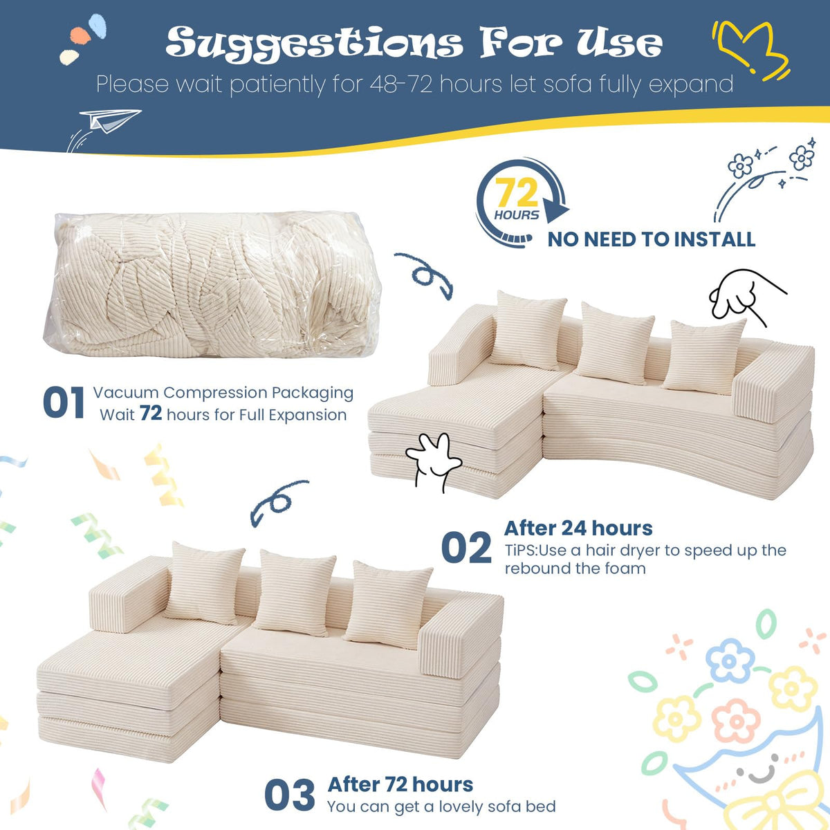 Modular Kids Play Couch, Convertible Toddler Sectional Sofa, Soft Cloud Corduroy Kids Sofa Bed with 3 Pillows, Safe No Edge Foam Play Furniture for Boys Girls Playroom Bedroom