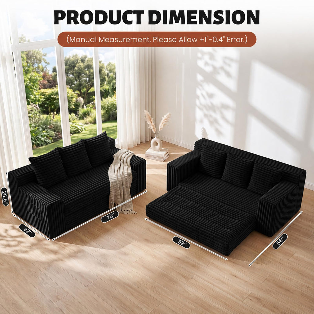 Small Boneless Couch, Boneless Loveseat Convertible Sofa Bed Sleeper Sofa Couch Bed with 2 Pillows, Corduroy Folding Floor Futon Foldable Boneless Couch for Living Room, Guest Room, Small Space, Black