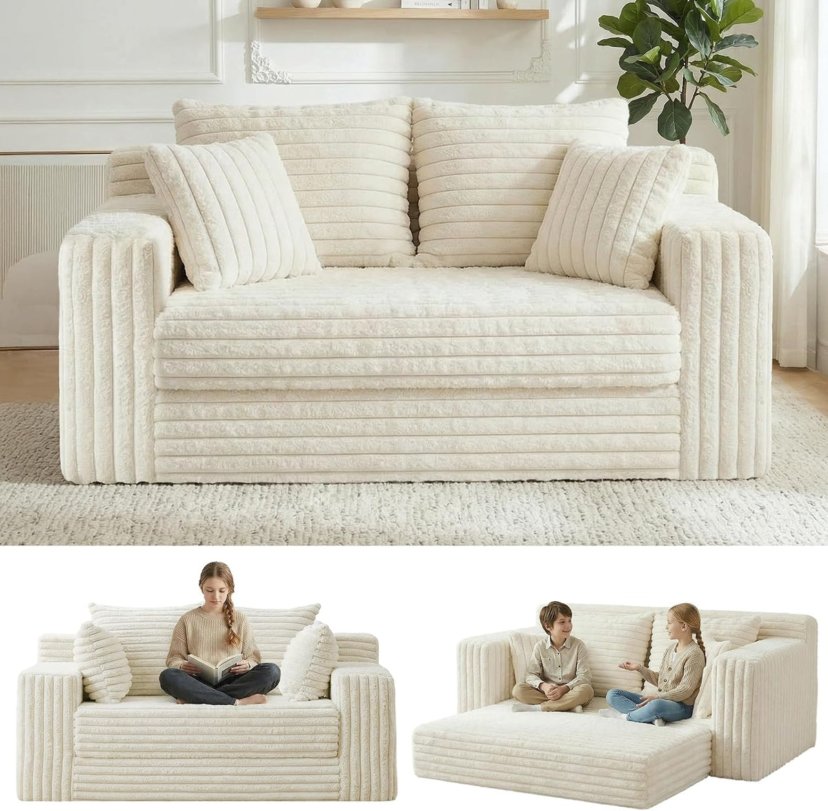 3-in-1 Convertible Sofa Bed: Boneless Loveseat Sleeper & Folding Couch Bed with 4 Pillows & Detachable Cushion,Furry Futon Couch for Bedroom,Apartment,Office and Living Room, No Assembly,Beige