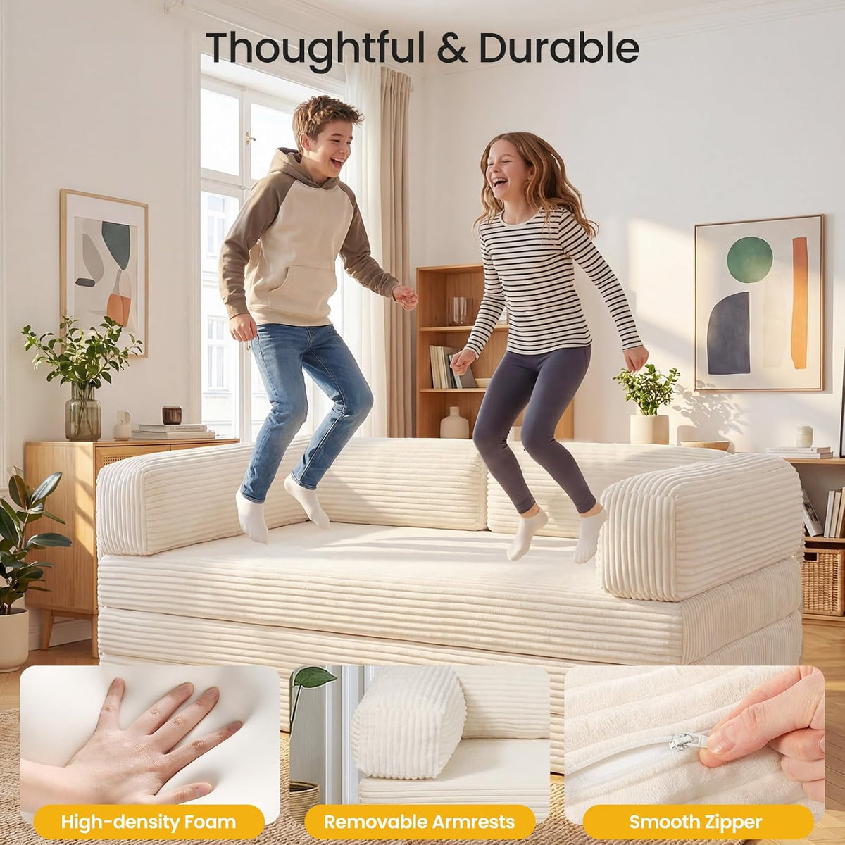 Erament Futon Sofa Bed Queen, Convertible Tri Folding Mattress Foldable with Removable Armrests & Washable Cover, 5-Inch Floor Mattress with High-Density Foam, Small Pull Out Couch Bed, Beige