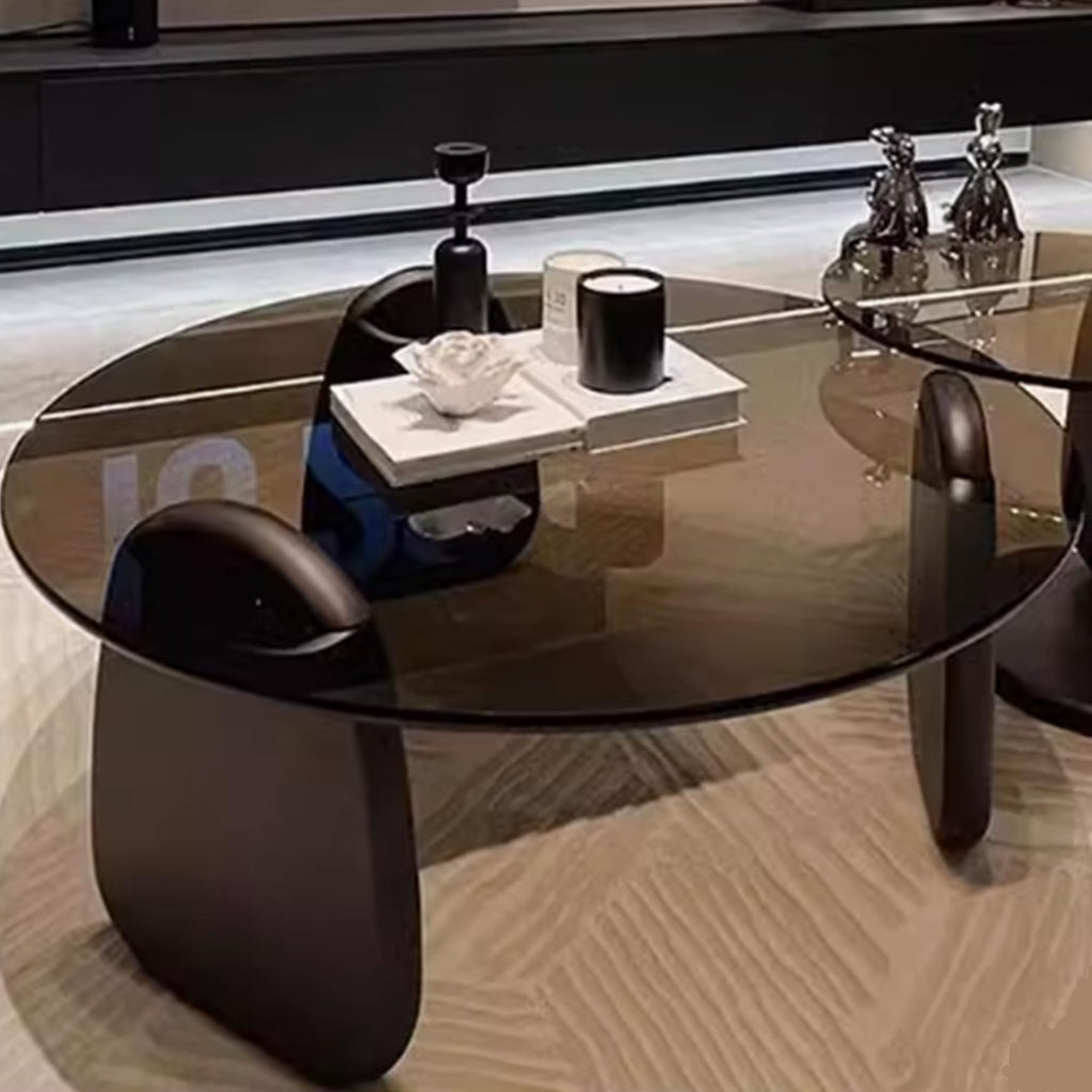 EASYSOUL Modern Round Coffee Table with Glass Top, 27.56" D x 27.56" W x 14.69" H, Circular Tea Tables for Living Room Home Office Industrial Cocktail Tables (Walunt-Clear Glass/27.56")
