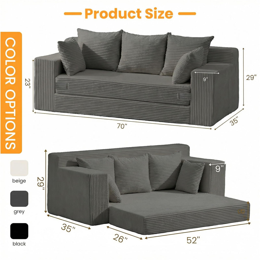 55" Small Boneless Couch, 3-in-1 Boneless Loveseat Sleeper Sofa Bed Convertible Sofa Bed with 4 Pillows, Black Corduroy Boneless Couch for Living Room, Guest Room, Small Space, No Assembly Required