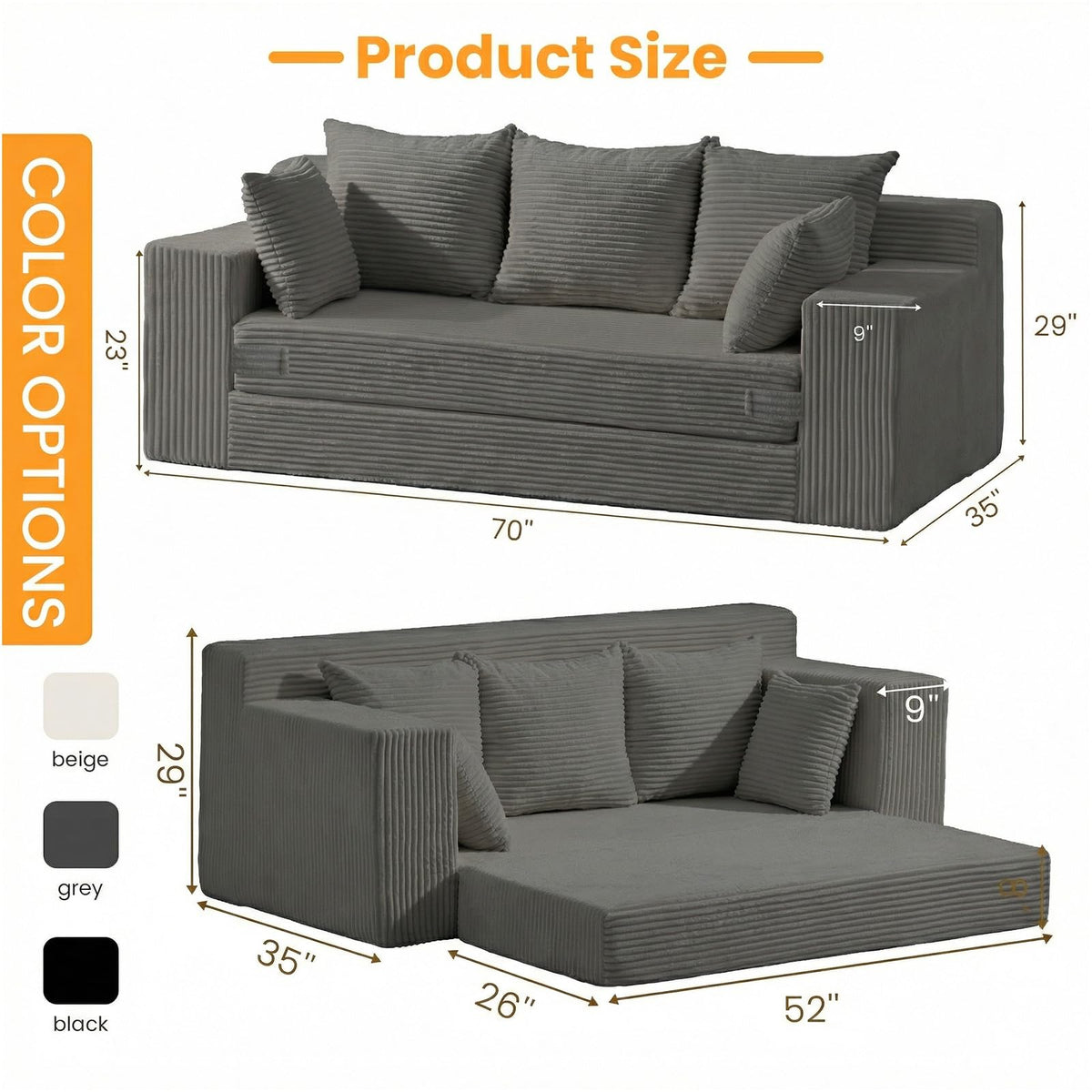 55" Small Boneless Couch, 3-in-1 Boneless Loveseat Sleeper Sofa Bed Convertible Sofa Bed with 4 Pillows, Black Corduroy Boneless Couch for Living Room, Guest Room, Small Space, No Assembly Required
