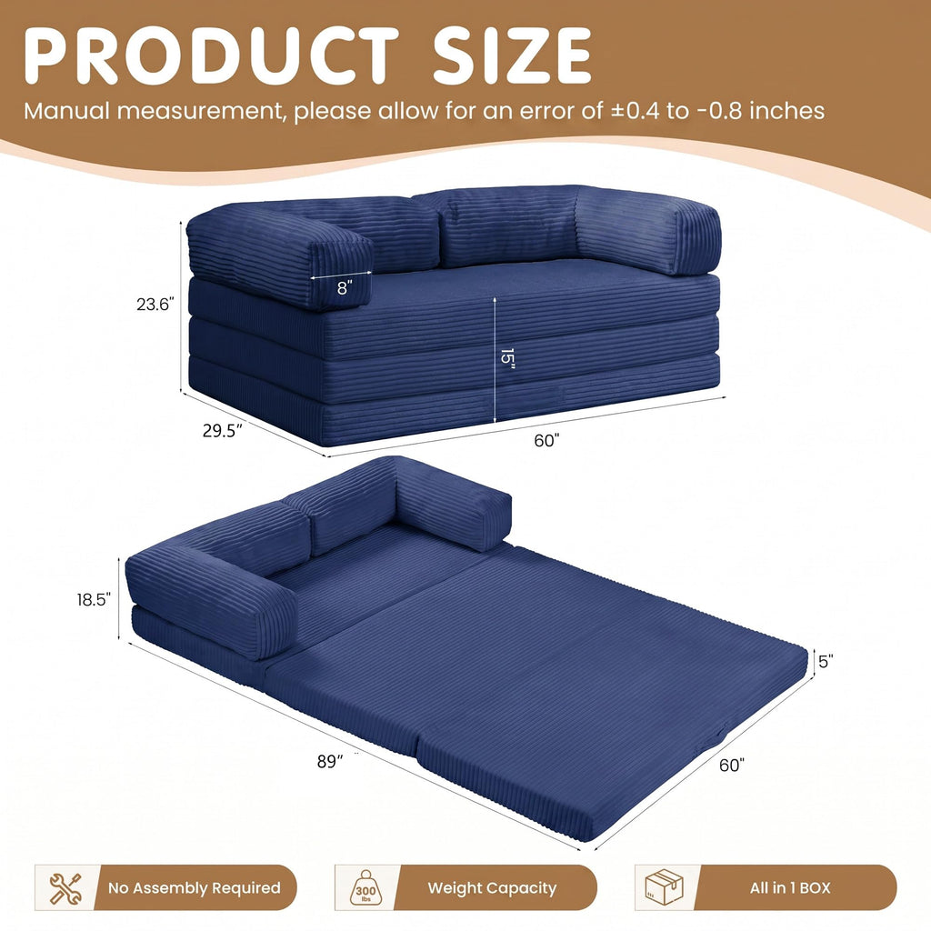 Convertible Sofa Bed Queen,5-in-1 Boneless Couch with Removable Armrests & Handle,Corduroy Futon Sleeper Sofa,Floor Folding Mattress Pull Out Bed for Small Space Apartment Living Room Bedroom,Green