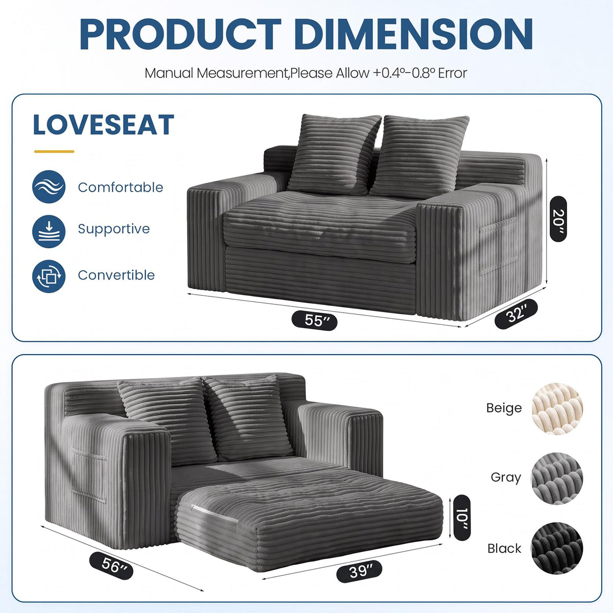Boneless Couches for Living Room, 2 Seater Boneless Loveseat Sofa, Premium Memory Foam Couch in a Box, Cozy Bean Bag Couch, Lazy Floor Sofa & Loveseat for Bedroom Office Lounge Apartment,Beige