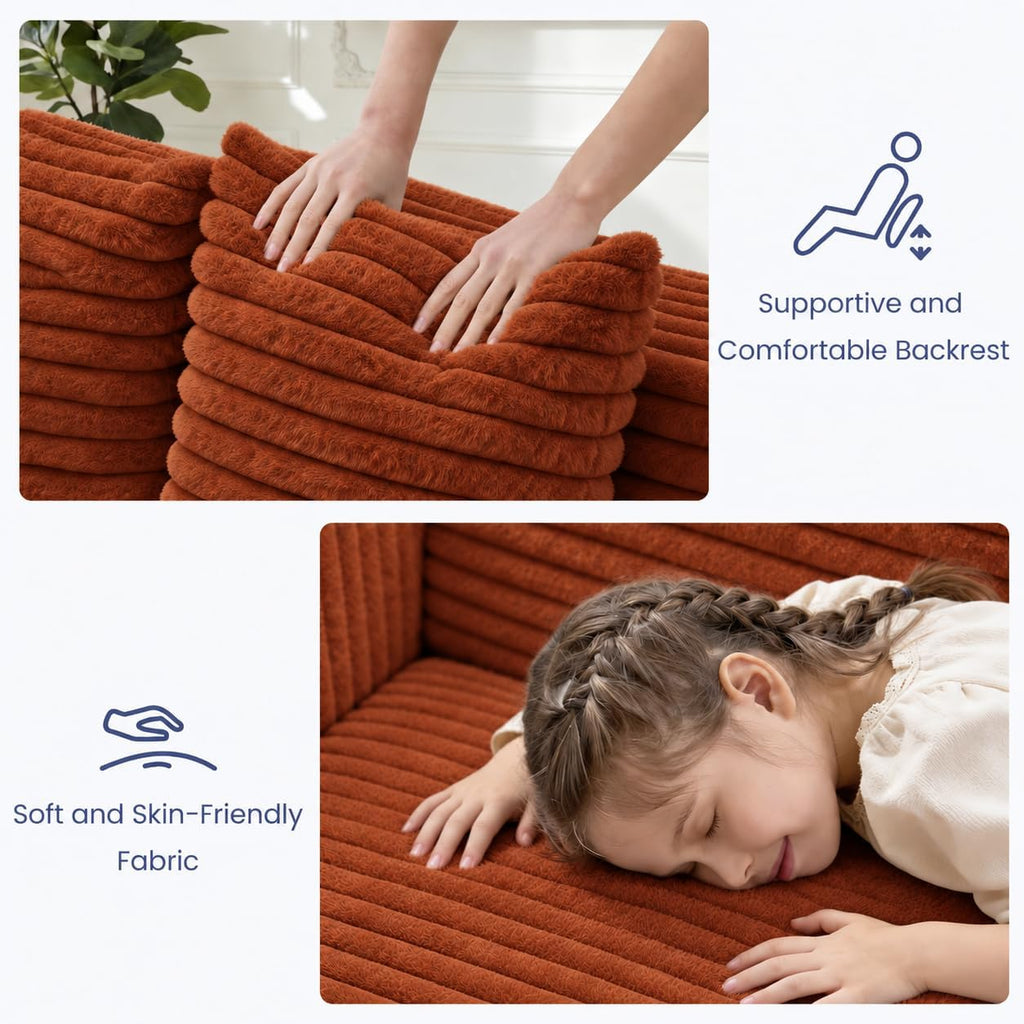3-in-1 Convertible Sofa Bed: Boneless Loveseat Sleeper & Folding Couch Bed with 4 Pillows & Detachable Cushion, Furry Futon Couch for Bedroom, Apartment, Office and Living Room, No Assembly, Orange