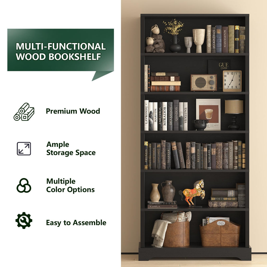 TVU 5 Tiers Wooden Bookshelf, 65.2" Tall Farmhouse Style Open Bookcase, 31.5" Wide Standing Book Shelf with Storage for Study Room, Living Room, Walnut Brown