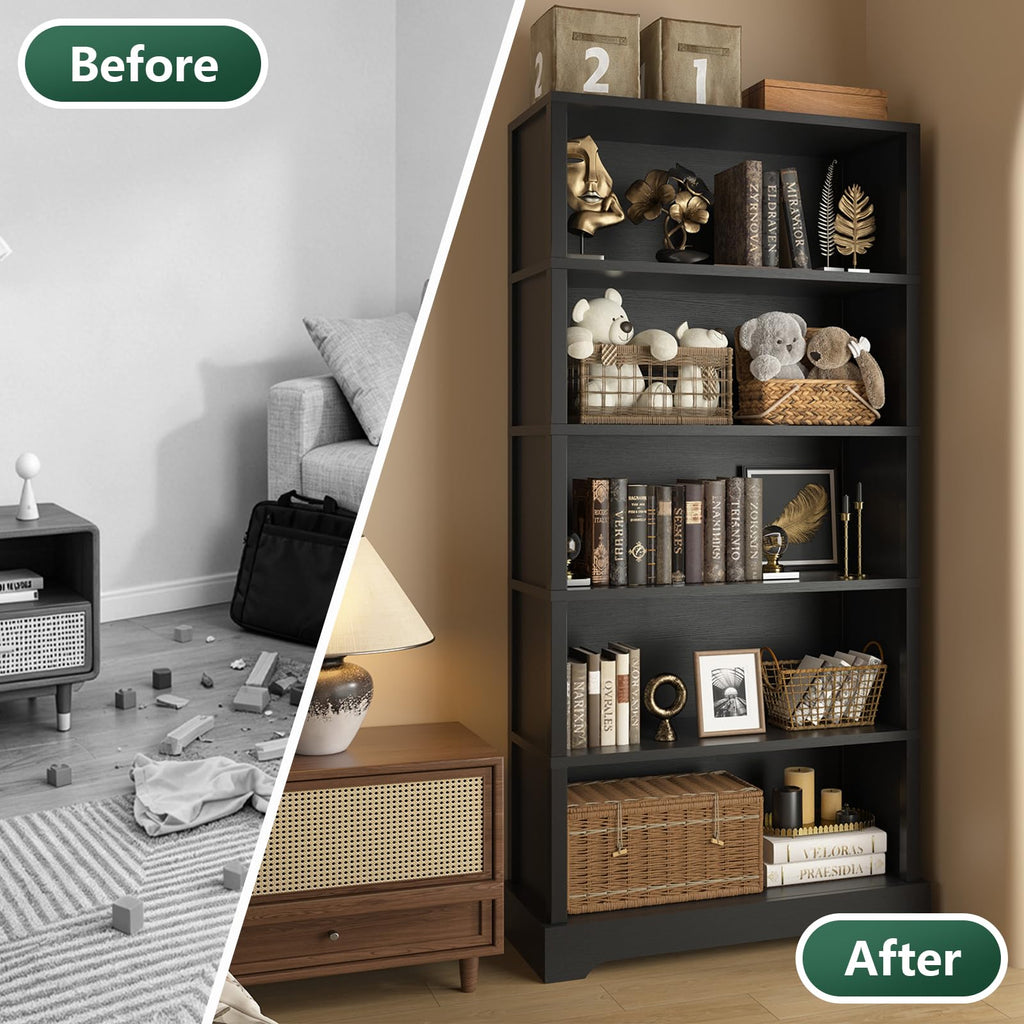 TVU 5 Tiers Wooden Bookshelf, 65.2" Tall Farmhouse Style Open Bookcase, 31.5" Wide Standing Book Shelf with Storage for Study Room, Living Room, Walnut Brown