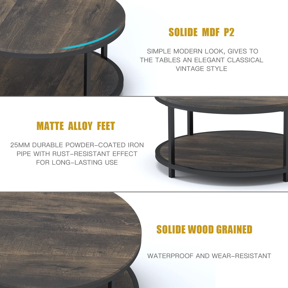 NSdirect Round Coffee Table,36" Coffee Table for Living Room,2-Tier Rustic Wood Desktop with Storage Shelf Modern Design Home Furniture(Light Walnut)