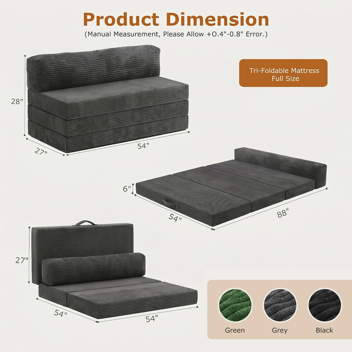 JUIKURY 6 Inch Tri-Fold Memory Foam Mattress Queen Size, 5 in 1 Convertible Sofa Bed, Foldable Floor Futon Sleeper Couch with Washable Cover & High-Density Foam, Portable Guest Bed for Living Room