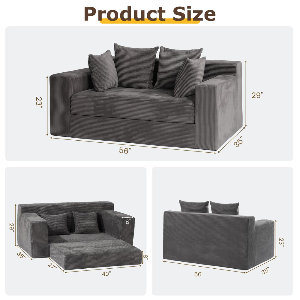 cidludto Convertible Sofa Bed, 3 in 1 Loveseat Folding Couch Bed Foldable - Chaise Lounge Chair & Floor Futon Sofa, Corduroy Pull Out Sofa Bed with 4 Pillows for Living Room, Beige