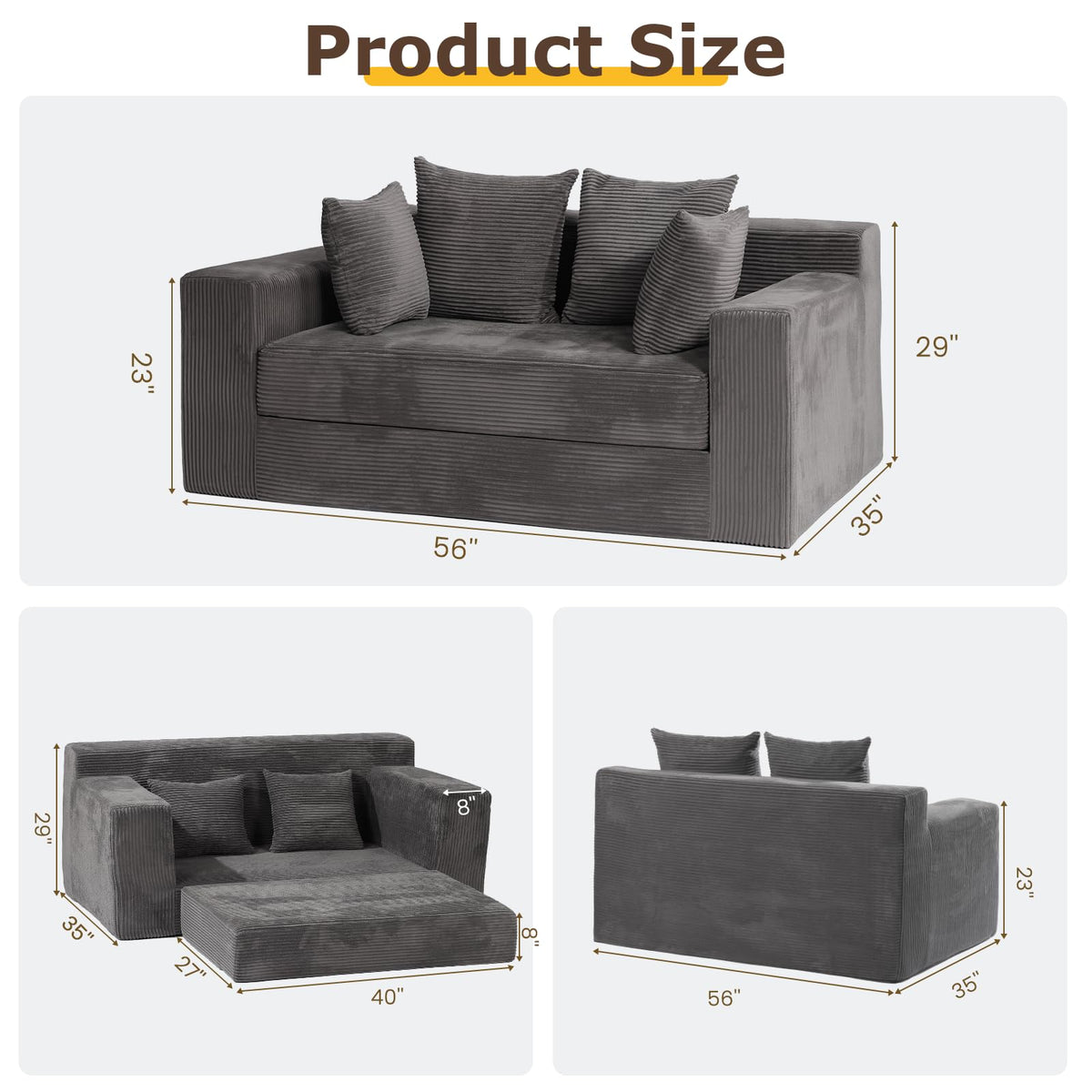 cidludto Convertible Sofa Bed, 3 in 1 Loveseat Folding Couch Bed Foldable - Chaise Lounge Chair & Floor Futon Sofa, Corduroy Pull Out Sofa Bed with 4 Pillows for Living Room, Beige