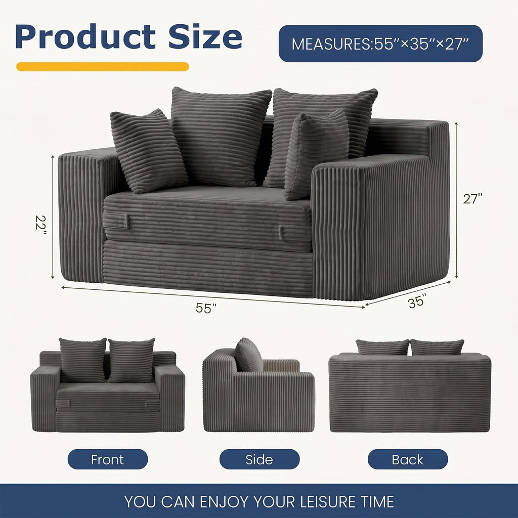 cidludto Convertible Sofa Bed, 3 in 1 Loveseat Folding Couch Bed Foldable - Chaise Lounge Chair & Floor Futon Sofa, Corduroy Pull Out Sofa Bed with 4 Pillows for Living Room, Beige